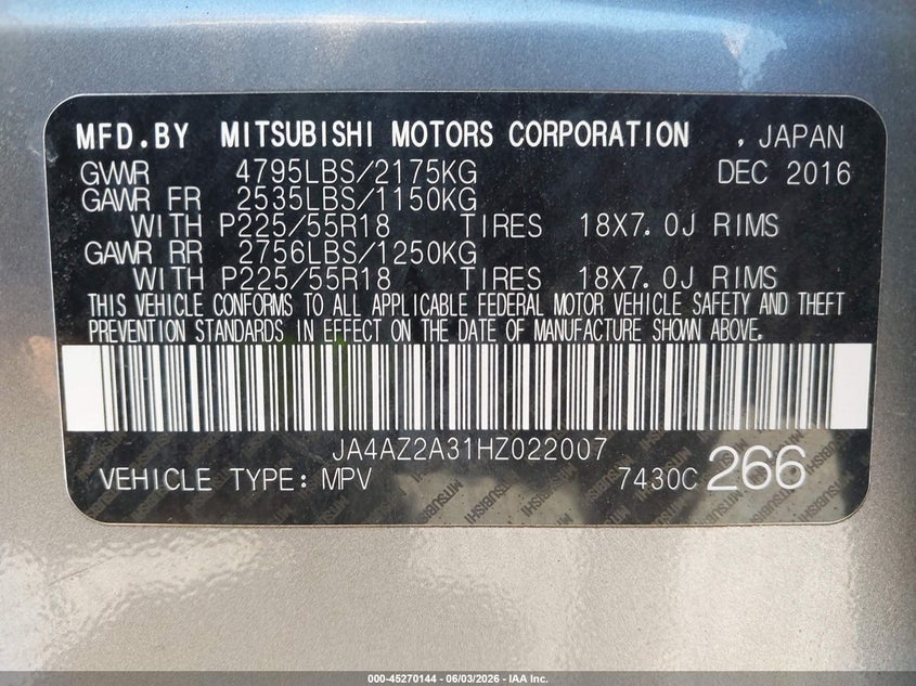 2017 Mitsubishi Outlander VIN JA4AZ2A31HZ022007 IAAI salvage auction — FRONT END, Mv-907A (New York), sold $2,575 on 2026-07-30 (photo 9)