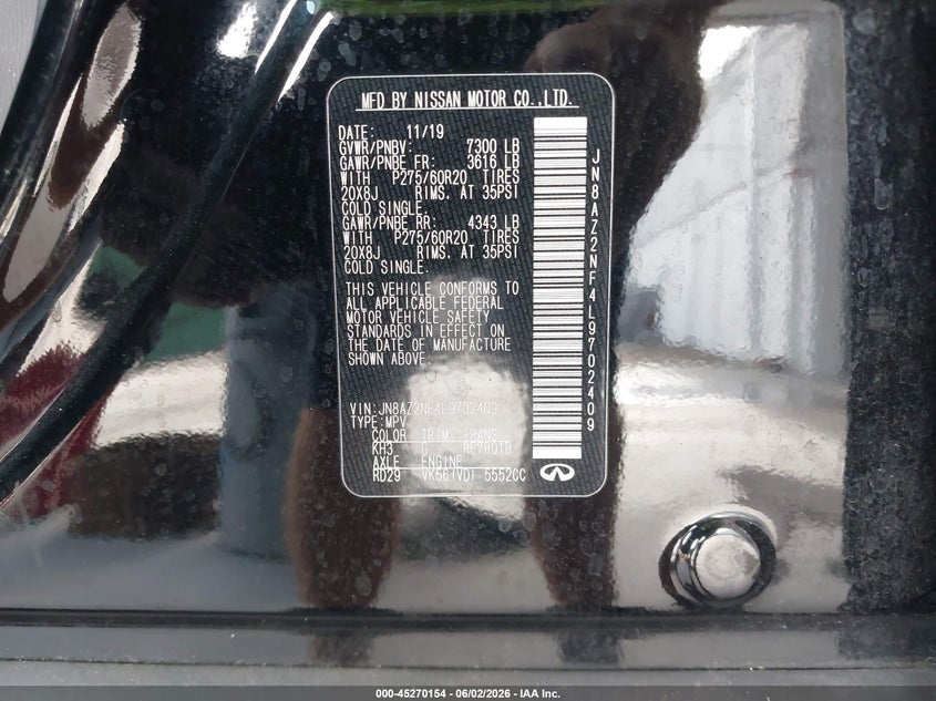 2020 Infiniti Qx80 VIN JN8AZ2NF4L9702409 IAAI salvage auction — RIGHT SIDE, Salvage Title, sold $3,300 on 2026-07-08 (photo 9)