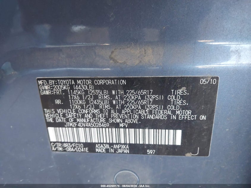 2010 Toyota Rav4 VIN JTMZF4DV4A5028469 IAAI salvage auction — NORMAL WEAR, Clear (Arizona), sold $1,625 on 2026-07-07 (photo 9)