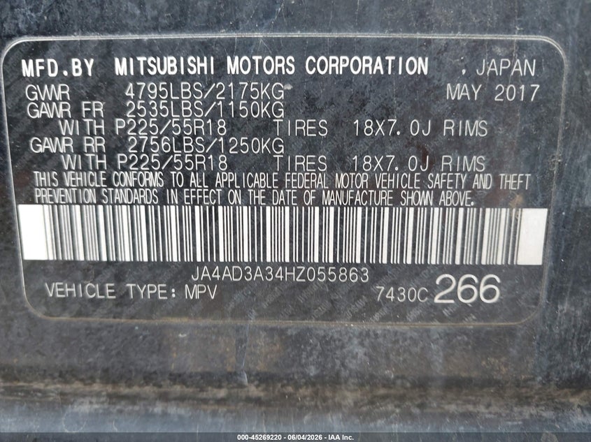 2017 Mitsubishi Outlander VIN JA4AD3A34HZ055863 IAAI salvage auction — RIGHT SIDE, Clear (Texas), sold $1,250 on 2026-08-01 (photo 9)