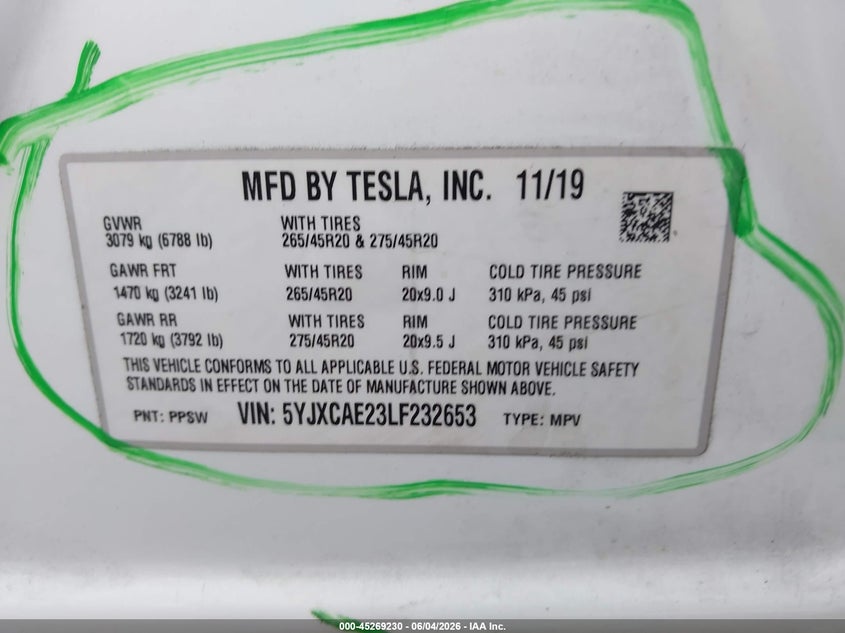 2020 Tesla Model x VIN 5YJXCAE23LF232653 IAAI salvage auction — FRONT & REAR, Salvage Title, sold $6,600 on 2026-07-30 (photo 9)