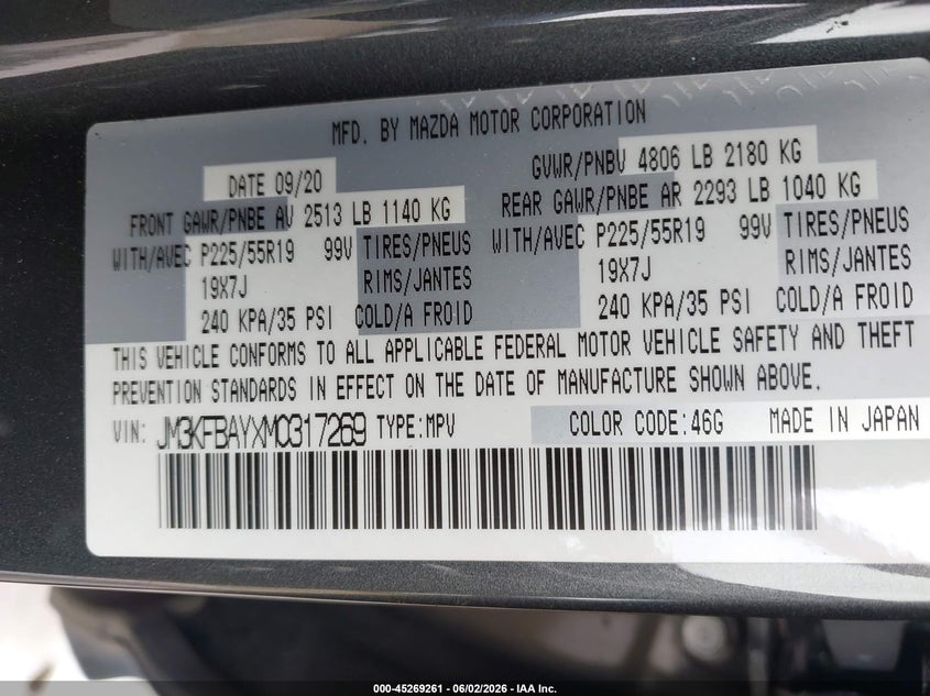 2021 Mazda Cx-5 VIN JM3KFBAYXM0317269 IAAI salvage auction — FRONT END, Salvage (South Carolina), sold $3,050 on 2026-07-28 (photo 9)