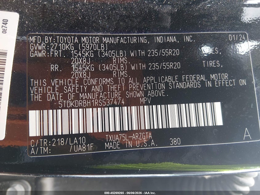 2024 Toyota Highlander VIN 5TDKDRBH1RS537474 IAAI salvage auction — LEFT FRONT, Salvage Title, sold $19,575 on 2026-07-24 (photo 9)