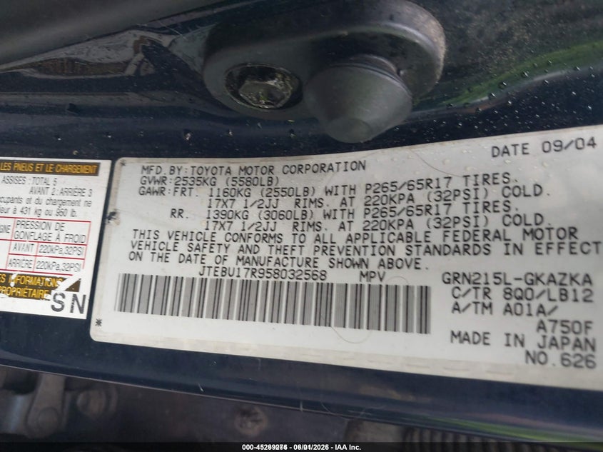 2005 Toyota 4runner VIN JTEBU17R958032568 IAAI salvage auction — ALL OVER, Salvage (Idaho), sold $1,750 on 2026-07-28 (photo 9)