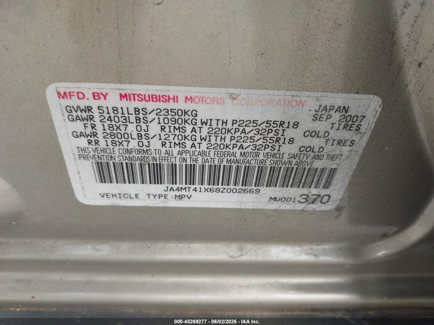 2008 Mitsubishi Outlander VIN JA4MT41X68Z002669 IAAI salvage auction — FRONT & REAR, Clear (Virginia), sold $25 on 2026-07-28 (photo 9)