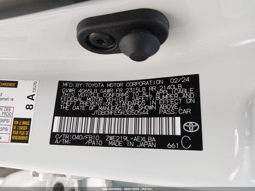 2024 Toyota Corolla VIN JTDBCMFE5R3050544 IAAI salvage auction — NORMAL WEAR, Salvage Title, sold $5,950 on 2026-07-29 (photo 9)