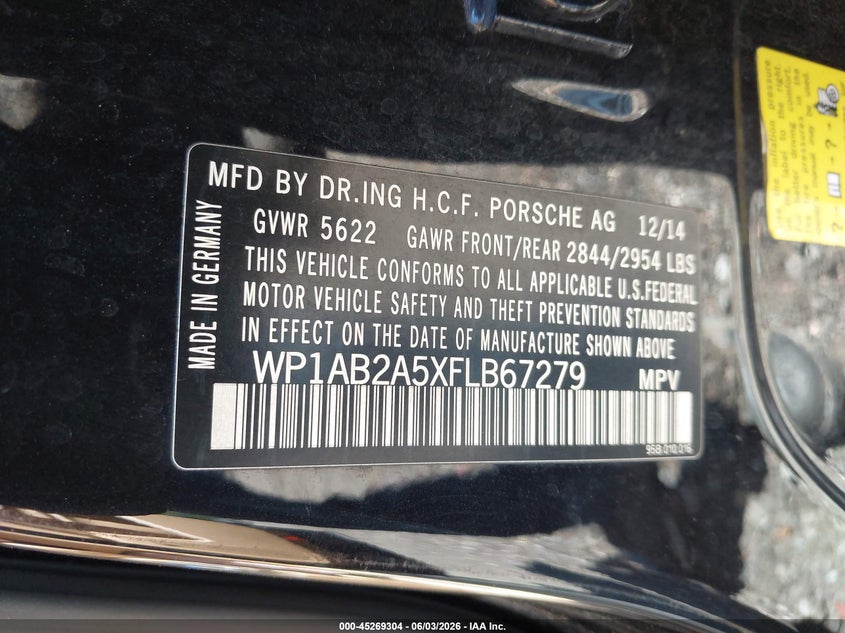 2015 Porsche Macan VIN WP1AB2A5XFLB67279 IAAI salvage auction — FRONT END, Salvage (Virginia), sold $2,250 on 2026-07-28 (photo 9)