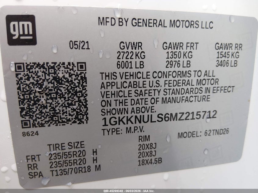 2021 Gmc Acadia VIN 1GKKNULS6MZ215712 IAAI salvage auction — LEFT SIDE, Salvage Title, sold $6,300 on 2026-07-09 (photo 9)