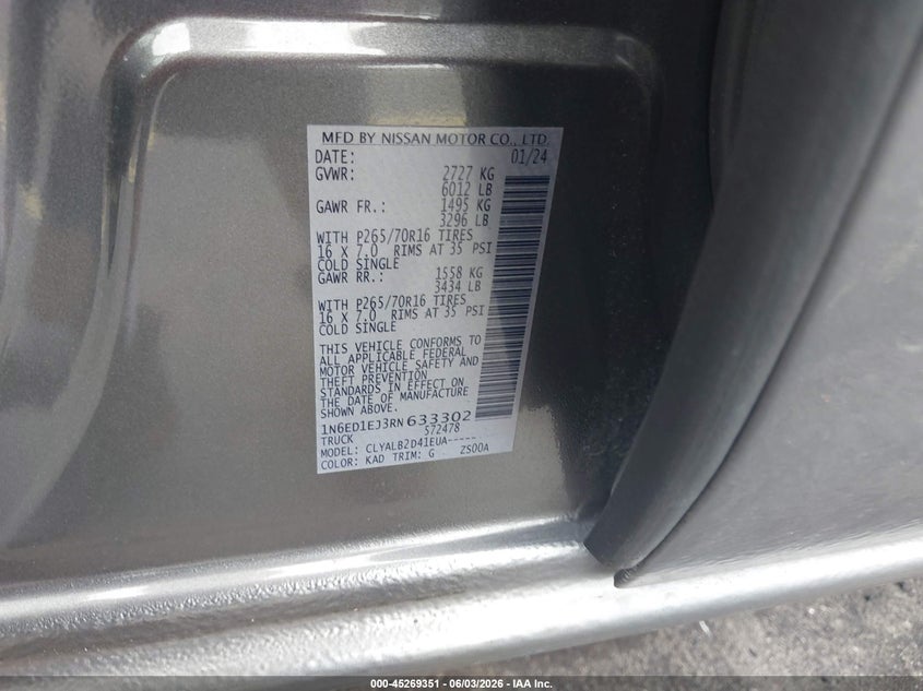 2024 Nissan Navara (frontier) VIN 1N6ED1EJ3RN633302 IAAI salvage auction — FRONT END, Certificate Of Destruction (Florida), sold $7,600 on 2026-07-09 (photo 9)