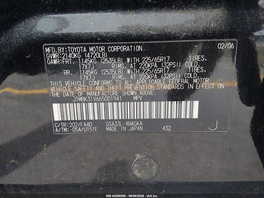 2006 Toyota Rav 4 VIN JTMBK31V665001941 IAAI salvage auction — NORMAL WEAR, Clear (South Carolina), sold $1,000 on 2026-07-08 (photo 9)