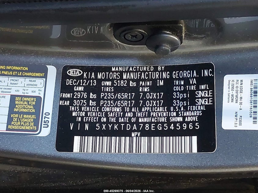 2014 Kia Sorento VIN 5XYKTDA78EG545965 IAAI salvage auction — REAR END, Salvage Title, sold $1,825 on 2026-07-09 (photo 9)