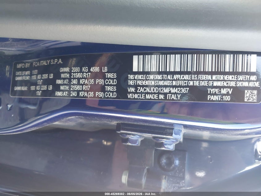 2021 Jeep Renegade VIN ZACNJDD12MPM42367 IAAI salvage auction — FRONT END, Salvage Title, sold $3,950 on 2026-08-06 (photo 9)