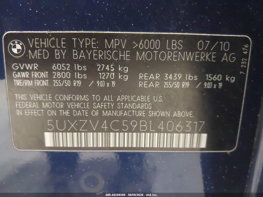 2011 BMW X5 VIN 5UXZV4C59BL406317 IAAI salvage auction — REAR END, Mv-907A (New York), sold $1,250 on 2026-07-08 (photo 9)