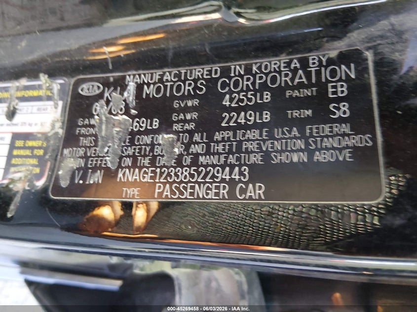 2008 Kia Optima VIN KNAGE123385229443 IAAI salvage auction — FRONT END, Clear (Indiana), sold $375 on 2026-07-08 (photo 9)
