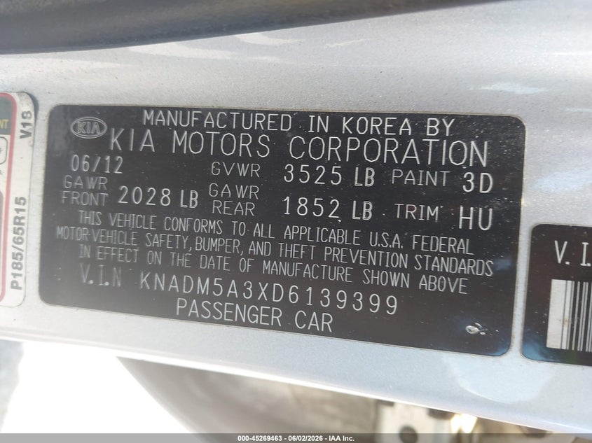 2013 Kia Rio VIN KNADM5A3XD6139399 IAAI salvage auction — NORMAL WEAR, Clear (Rhode Island), sold $250 on 2026-07-14 (photo 9)