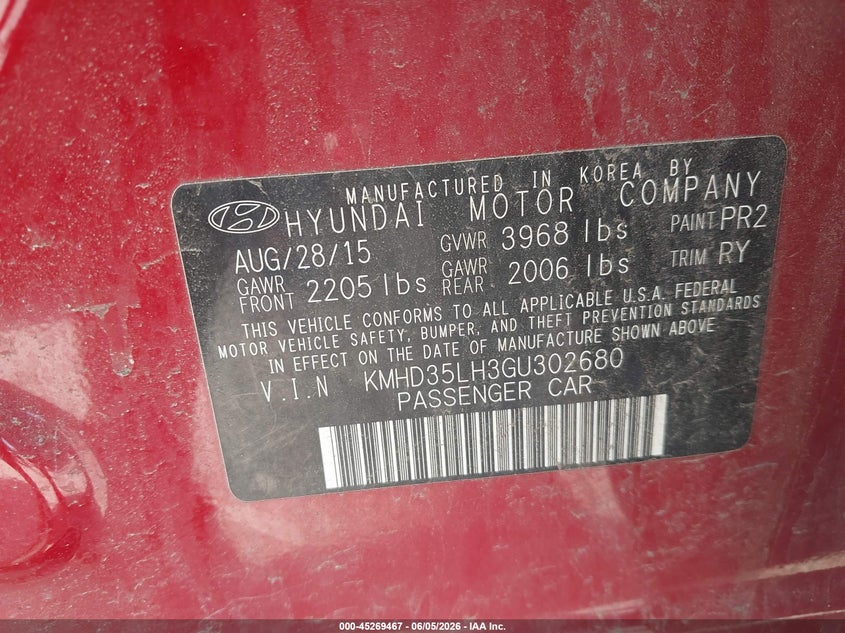 2016 Hyundai Elantra VIN KMHD35LH3GU302680 IAAI salvage auction — RIGHT SIDE, Salvage (Ohio), sold $50 on 2026-07-28 (photo 9)