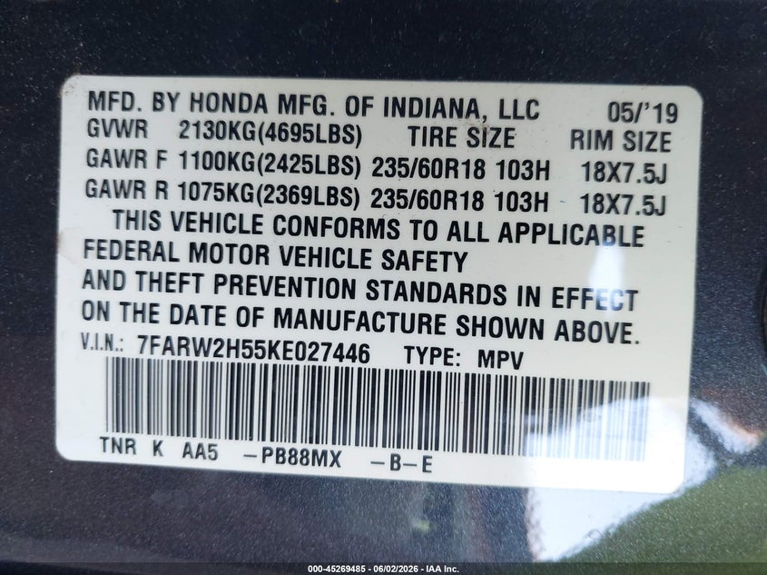 2019 Honda Cr-v VIN 7FARW2H55KE027446 IAAI salvage auction — REAR END, Salvage Title, sold $6,400 on 2026-07-30 (photo 9)