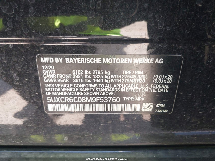 2021 BMW X5 VIN 5UXCR6C08M9F53760 IAAI salvage auction — RIGHT FRONT, Clear (Michigan), sold $27,000 on 2026-07-18 (photo 9)