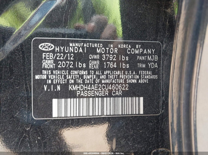 2012 Hyundai Elantra VIN KMHDH4AE2CU460622 IAAI salvage auction — THEFT, Salvage Title, sold $425 on 2026-07-13 (photo 9)