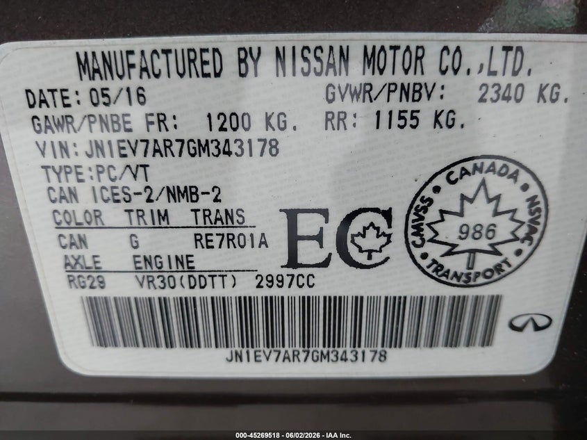 2016 Infiniti Q50 VIN JN1EV7AR7GM343178 IAAI salvage auction — LEFT SIDE, Salvage Title, sold $25 on 2026-07-22 (photo 9)