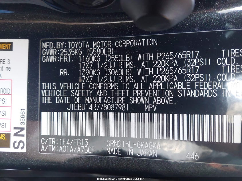 2007 Toyota 4runner VIN JTEBU14R778087981 IAAI salvage auction — RIGHT FRONT, Salvage (North Carolina), sold $6,500 on 2026-07-08 (photo 9)