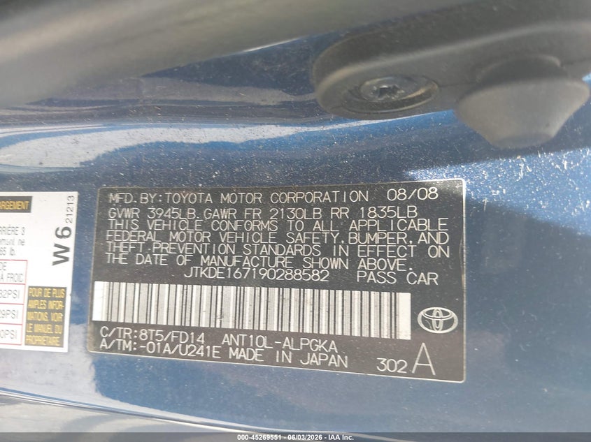 2009 Scion Tc VIN JTKDE167190288582 IAAI salvage auction — RIGHT SIDE, Clear (Indiana), sold $25 on 2026-07-11 (photo 9)