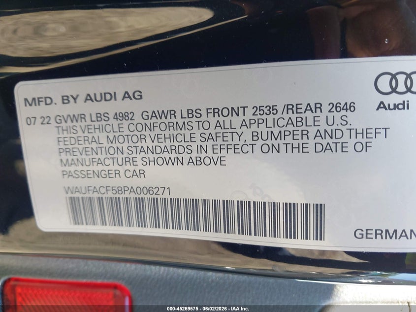 2023 Audi A5 VIN WAUFACF58PA006271 IAAI salvage auction — FRONT END, Salvage Title, sold $9,300 on 2026-07-12 (photo 9)