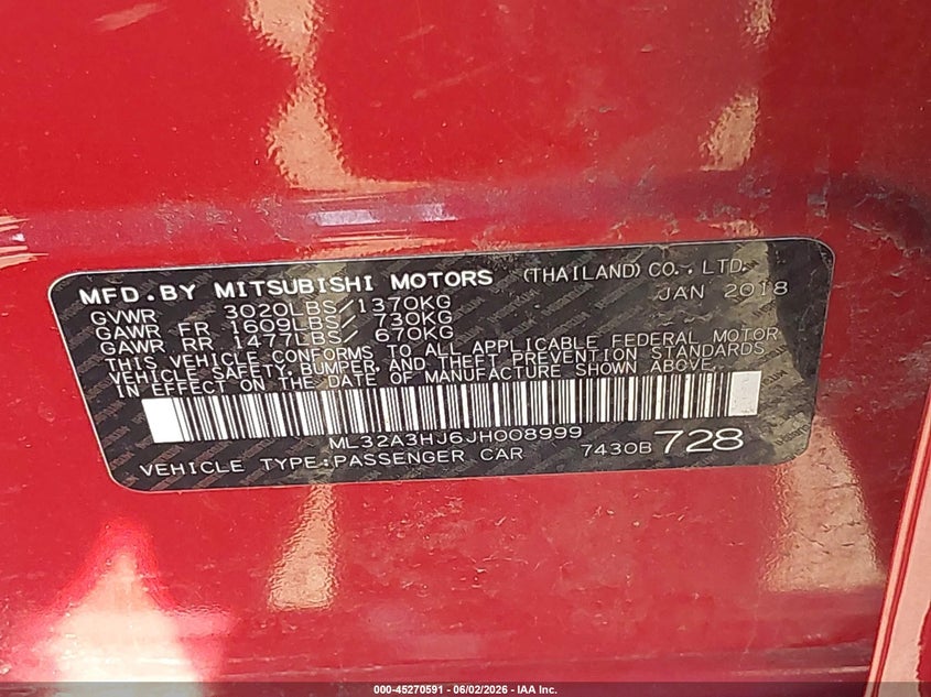 2018 Mitsubishi VIN ML32A3HJ6JH008999 IAAI salvage auction — FRONT END, Salvage Title, sold $800 on 2026-07-09 (photo 9)