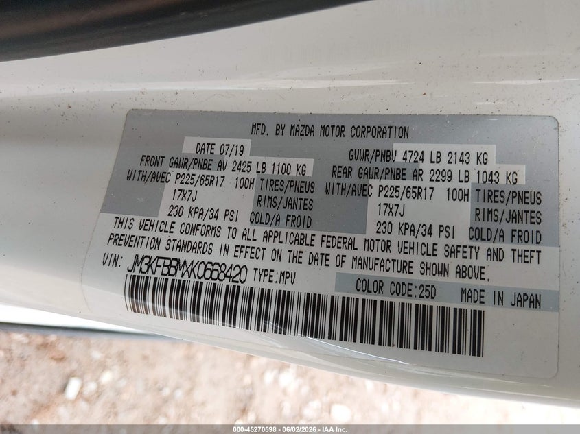 2019 Mazda Cx-5 VIN JM3KFBBMXK0668420 IAAI salvage auction — SIDE, Salvage (North Carolina), sold $3,650 on 2026-07-22 (photo 9)