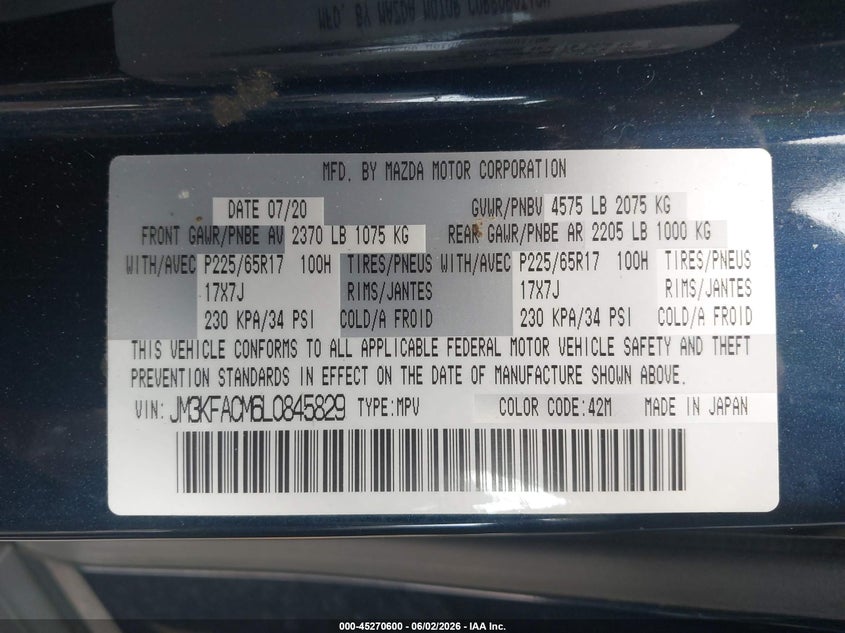 2020 Mazda Cx-5 VIN JM3KFACM6L0845829 IAAI salvage auction — RIGHT FRONT, Original (Texas), sold $4,600 on 2026-07-09 (photo 9)