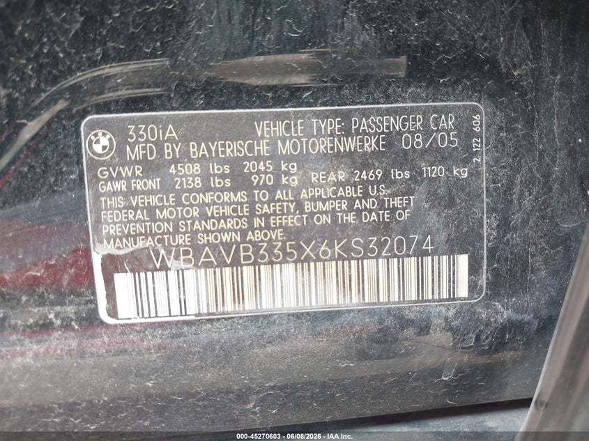 2006 BMW 3er VIN WBAVB335X6KS32074 IAAI salvage auction — FRONT & REAR, Original (Texas), sold $300 on 2026-07-29 (photo 9)