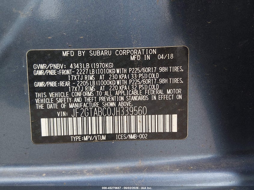 2018 Subaru Xv VIN JF2GTABC0JH339560 IAAI salvage auction — RIGHT FRONT, Salvage Title, sold $1,300 on 2026-07-20 (photo 9)