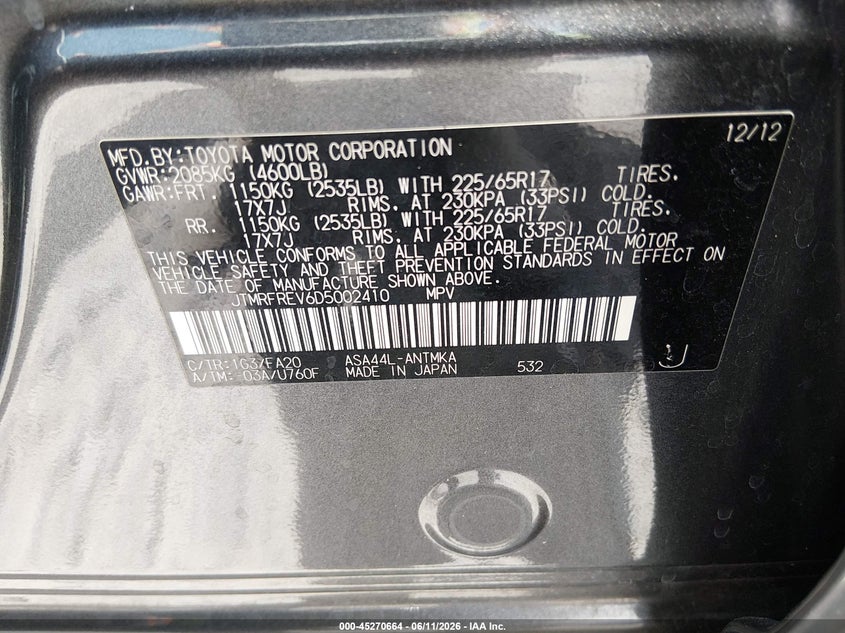 2013 Toyota Rav 4 VIN JTMRFREV6D5002410 IAAI salvage auction — FRONT END, Salvage (South Carolina), sold $1,000 on 2026-07-21 (photo 9)
