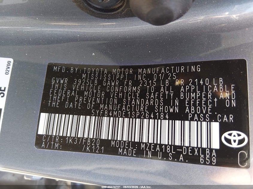 2025 Toyota Corolla VIN 5YFB4MDE1SP264184 IAAI salvage auction — FRONT END, Salvage Title, sold $6,400 on 2026-07-29 (photo 9)