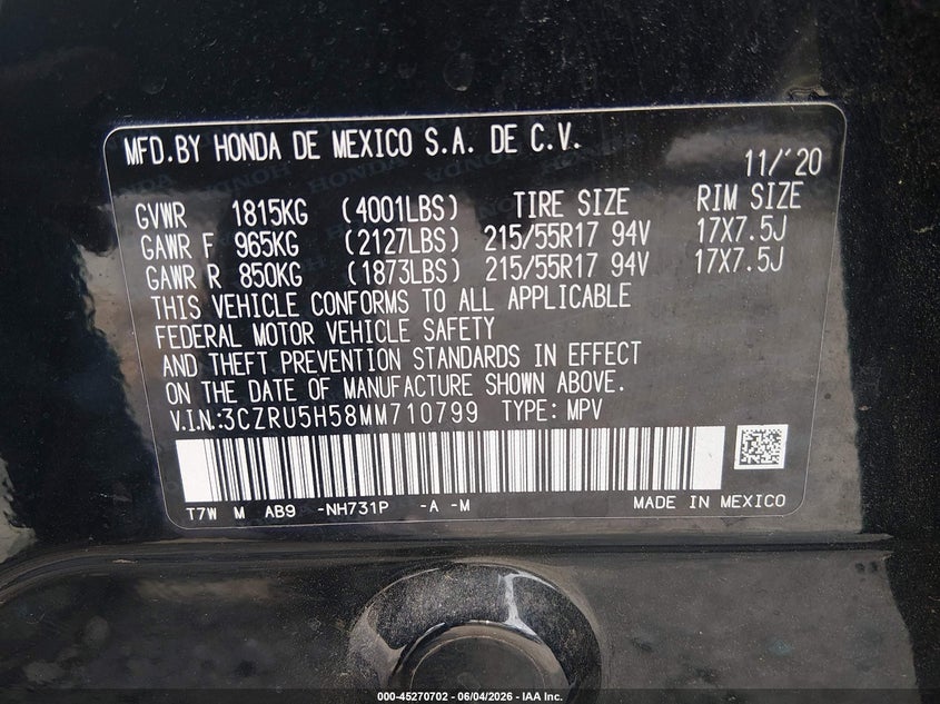 2021 Honda Hr-v VIN 3CZRU5H58MM710799 IAAI salvage auction — REAR END, Salvage Title, sold $3,250 on 2026-07-18 (photo 9)