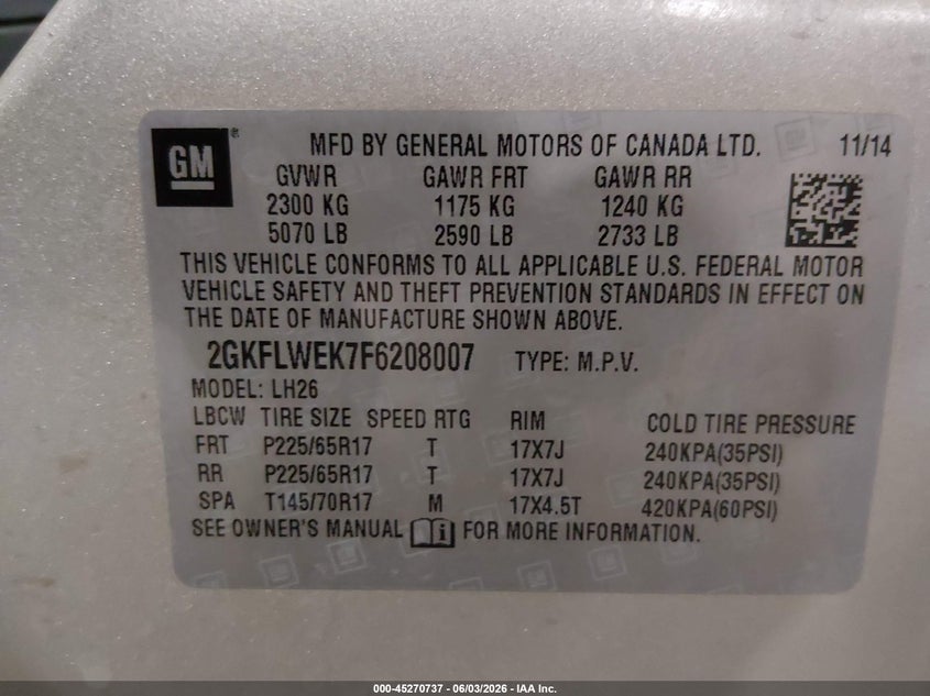2015 Gmc Terrain VIN 2GKFLWEK7F6208007 IAAI salvage auction — FRONT END, Salvage Title, sold $450 on 2026-07-09 (photo 9)