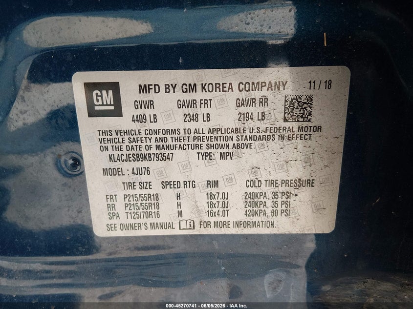 2019 Buick Encore VIN KL4CJESB9KB793547 IAAI salvage auction — LEFT SIDE, Salvage Title, sold $1,775 on 2026-07-23 (photo 9)