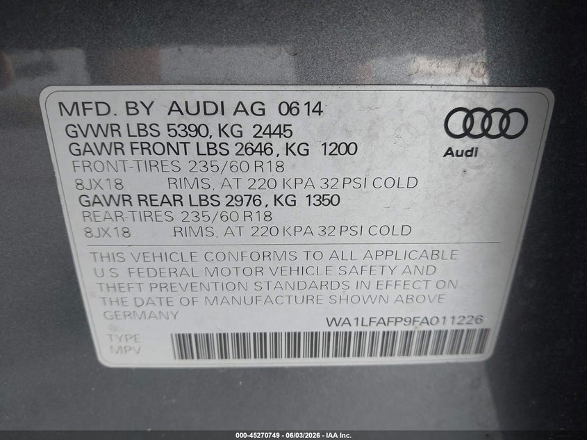 2015 Audi Q5 VIN WA1LFAFP9FA011226 IAAI salvage auction — FRONT END, Salvage Title, sold $225 on 2026-07-22 (photo 9)