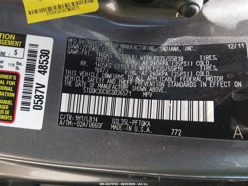 2012 Toyota Sienna VIN 5TDDK3DC8CS036571 IAAI salvage auction — SIDE, Salvage Title, sold $1,450 on 2026-08-02 (photo 9)