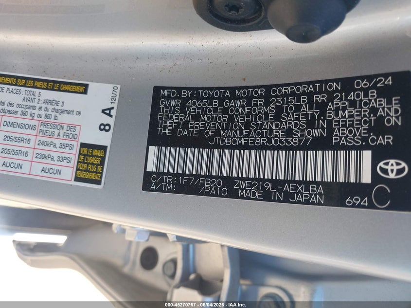2024 Toyota Corolla VIN JTDBCMFE8RJ033877 IAAI salvage auction — LEFT FRONT, Salvage Title, sold $6,150 on 2026-07-17 (photo 9)