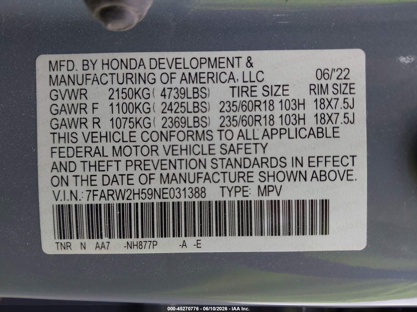 2022 Honda Cr-v VIN 7FARW2H59NE031388 IAAI salvage auction — FRONT END, Salvage Title, sold $10,600 on 2026-07-23 (photo 9)