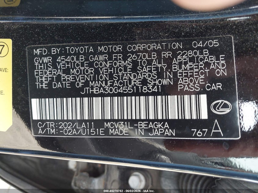 2005 Lexus ES VIN JTHBA30G455118341 IAAI salvage auction — RIGHT FRONT, Salvage (Massachusetts), sold $400 on 2026-07-10 (photo 9)