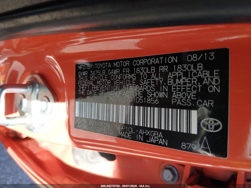 2013 Toyota Prius c VIN JTDKDTB37D1051856 IAAI salvage auction — FRONT END, Salvage Title, sold $450 on 2026-07-21 (photo 9)