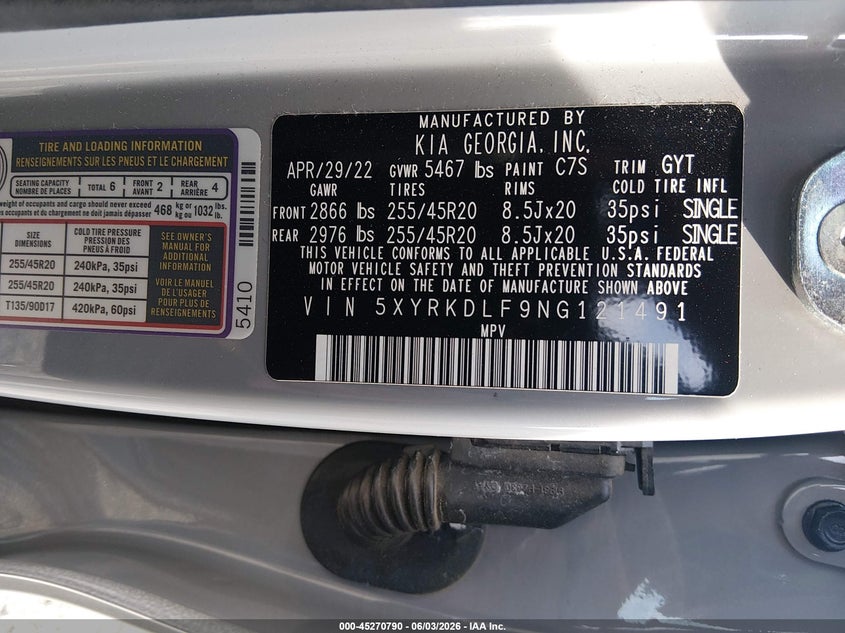 2022 Kia Sorento VIN 5XYRKDLF9NG121491 IAAI salvage auction — REAR END, Salvage Title, sold $8,800 on 2026-07-08 (photo 9)