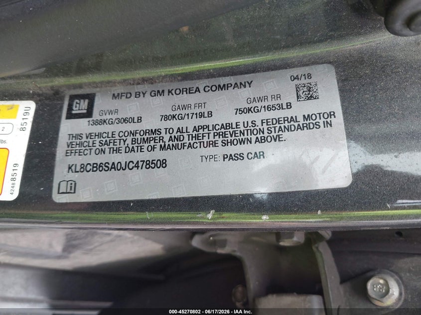 2018 Chevrolet Spark VIN KL8CB6SA0JC478508 IAAI salvage auction — NORMAL WEAR, Clear (Mississippi), sold $700 on 2026-07-25 (photo 9)