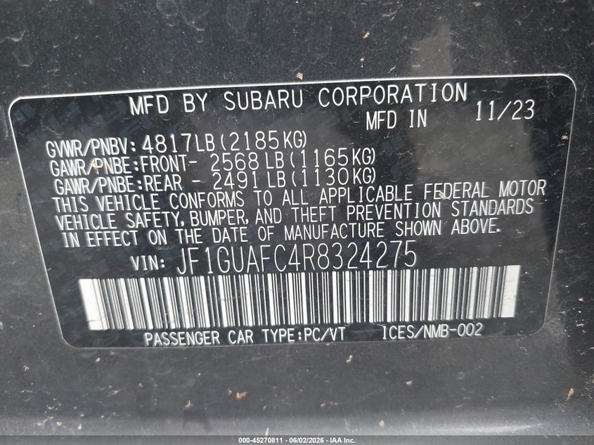 2024 Subaru Impreza VIN JF1GUAFC4R8324275 IAAI salvage auction — HAIL, Clear (Oklahoma), sold $12,700 on 2026-07-21 (photo 9)