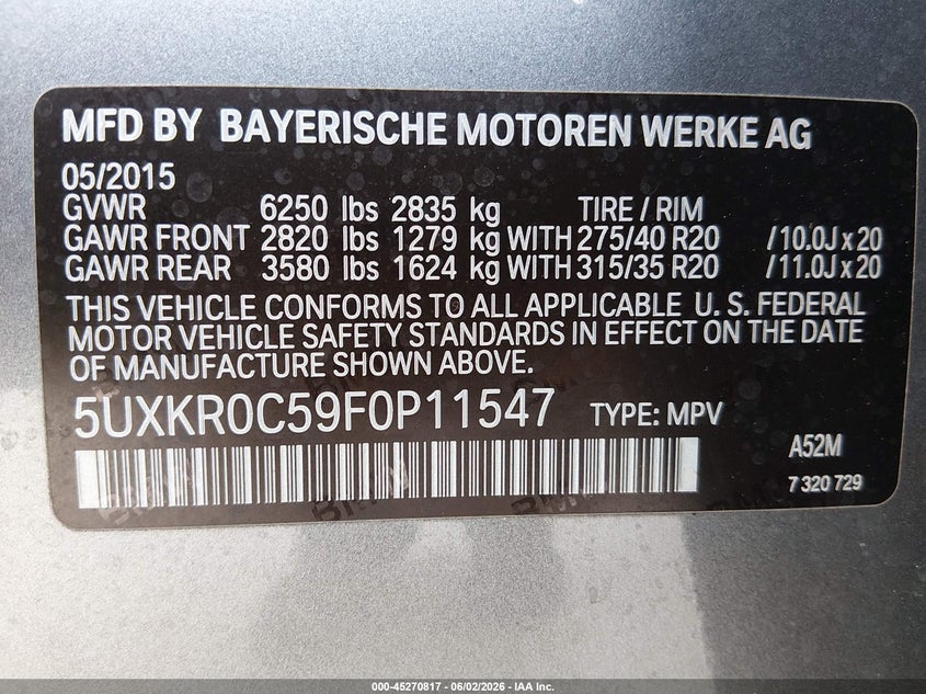 2015 BMW X5 VIN 5UXKR0C59F0P11547 IAAI salvage auction — FRONT END, Salvage Title, sold $4,700 on 2026-07-07 (photo 9)