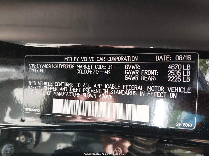 2017 Volvo VIN LYV402HKXHB133138 IAAI salvage auction — FRONT END, Salvage (Rhode Island), sold $1,750 on 2026-07-25 (photo 9)