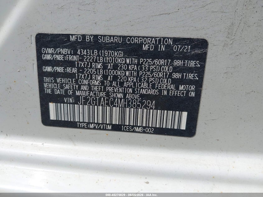 2021 Subaru Xv VIN JF2GTAEC4MH385294 IAAI salvage auction — FRONT END, Salvage Title, sold $5,950 on 2026-07-09 (photo 9)