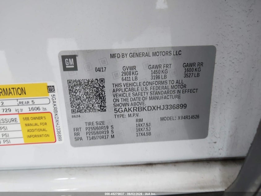 2017 Buick Enclave VIN 5GAKRBKDXHJ336899 IAAI salvage auction — HAIL, Salvage Title, sold $1,950 on 2026-08-23 (photo 9)
